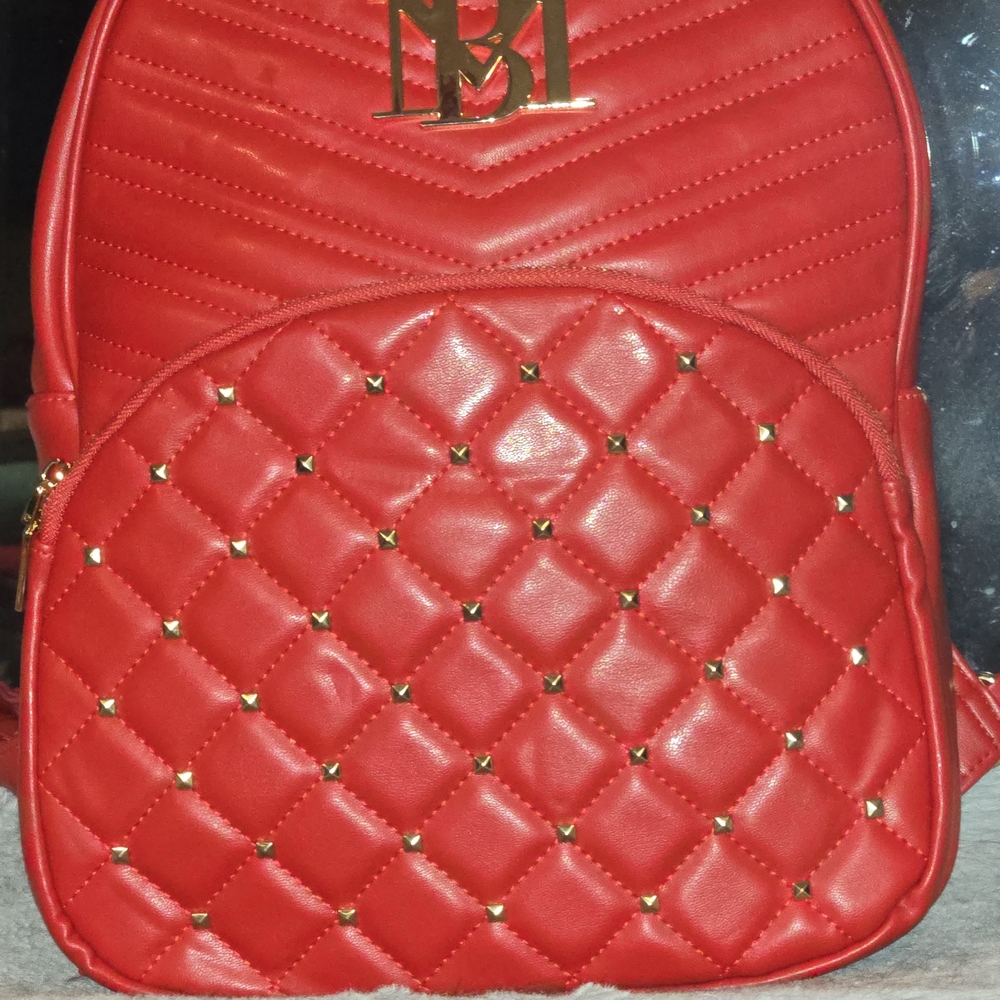 Badgley Mischka Red Quilted Backpack with Gold Accents
